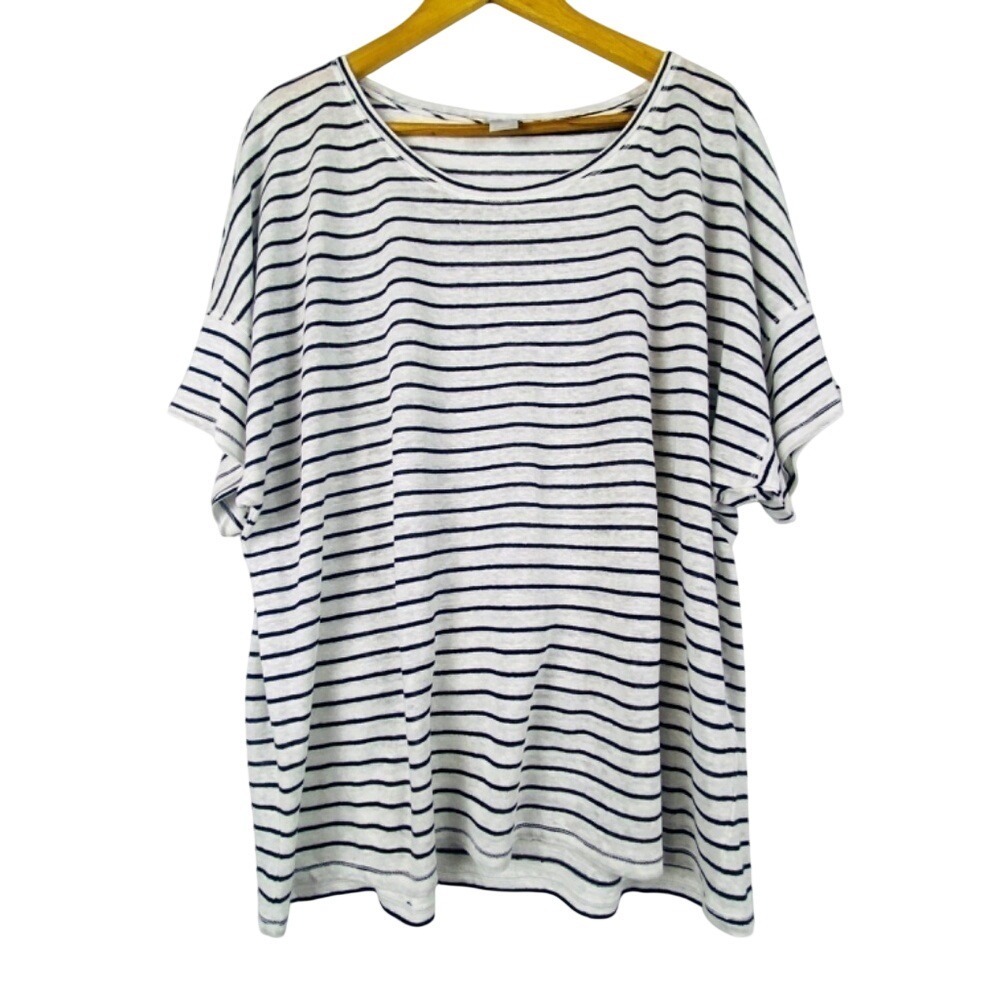 Chicos Women's Sz: 4 = XXL Linen Top Lightweight Scoop Short Sleeve White Stripe